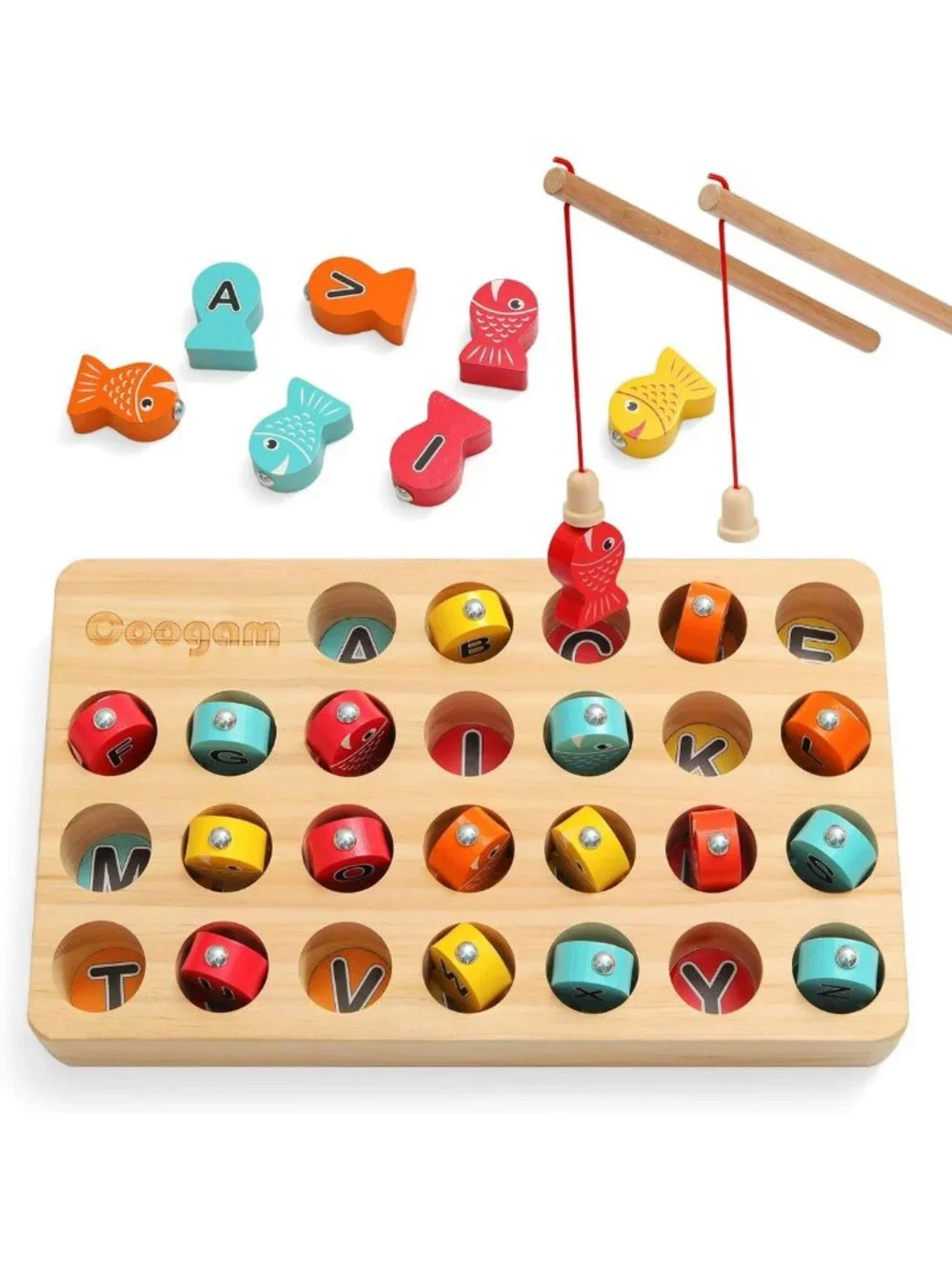 Wooden Magnetic Fishing Game - Fine Motor Skills, Alphabet Color Sorting Puzzle